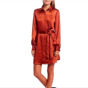 GB Waist Tie Collared Button Front Satin Dress Copper